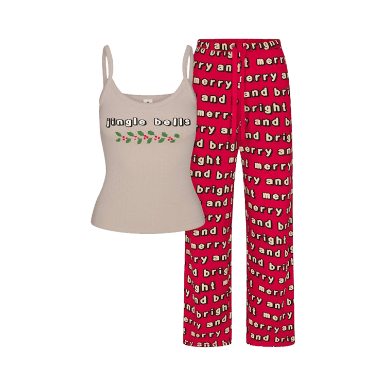 SKIMS x Cactus Plant Flea Market Heavy Pointelle And Waffle Sleep Set "Stone Jingle Bells Print"