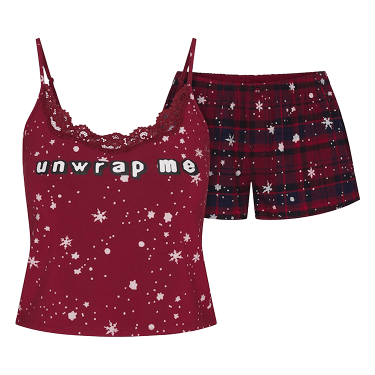 SKIMS x Cactus Plant Flea Market Sleep Lace Tank And Flannel Short Set "Merlot Unwrap Me Snow Print"