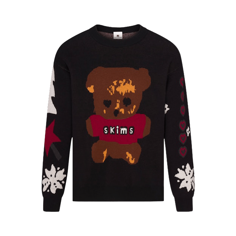SKIMS x Cactus Plant Flea Market Cotton Knit Intarsia Sweater "Onyx Teddy Bear Snow Print"