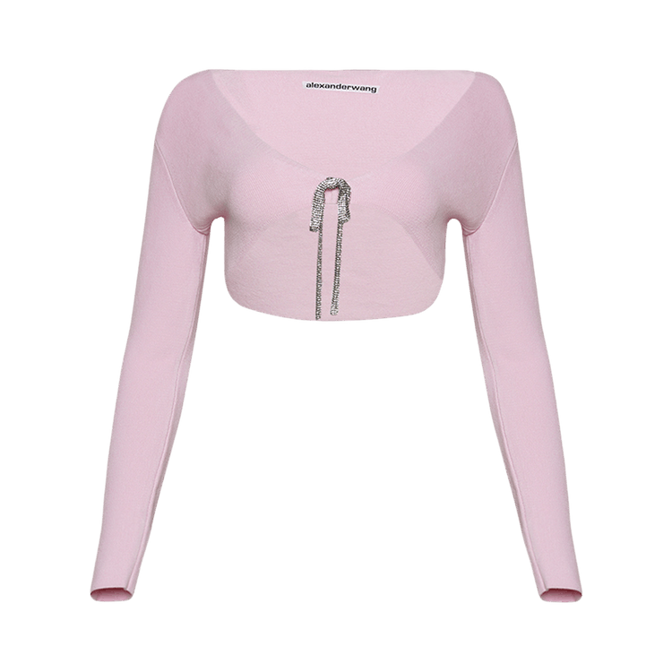 Alexander Wang Crystal Tie V Neck Cropped Cardigan "Neon Light Pink"