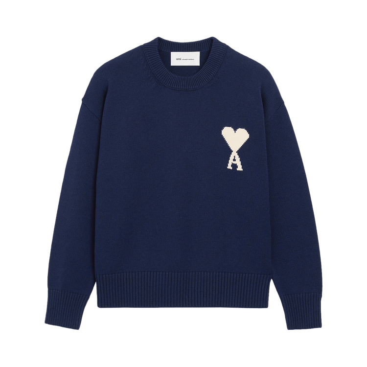 Ami Quota Crewneck Sweater With Contrasted Ami De Coeur "Encre/Ecru"