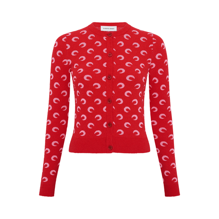 Marine Serre Moon Jacquard Bouclette Long-Sleeve Cardigan "Red/Pink"