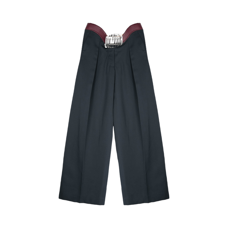 Jean Paul Gaultier Wide Tailored Trousers With Integrated Leather Belt "Navy/Burgundy"