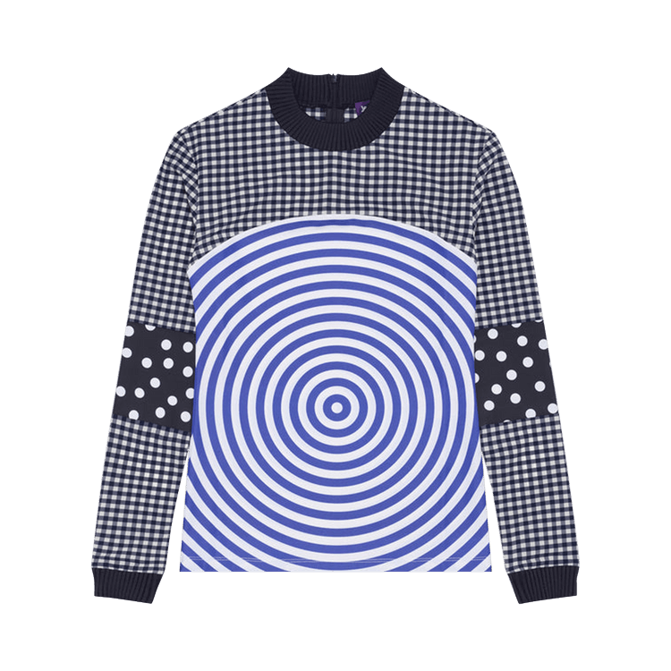 Jean Paul Gaultier Mix Jersey Knitted Gingham And Print Target Long-Sleeve Top With Ribbing "White/Navy"
