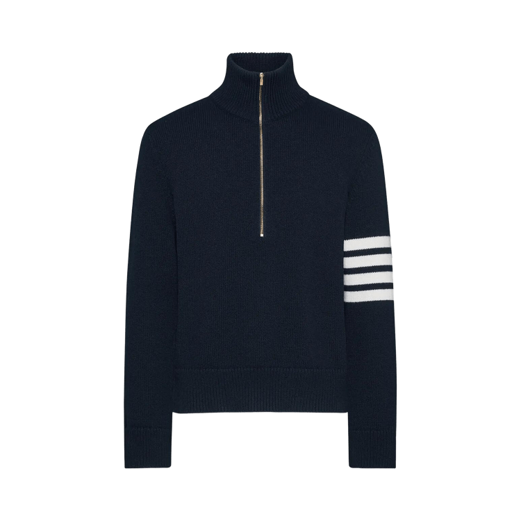 Thom Browne Jersey Stitch Funnel Neck Half Zip Pullover "Navy"