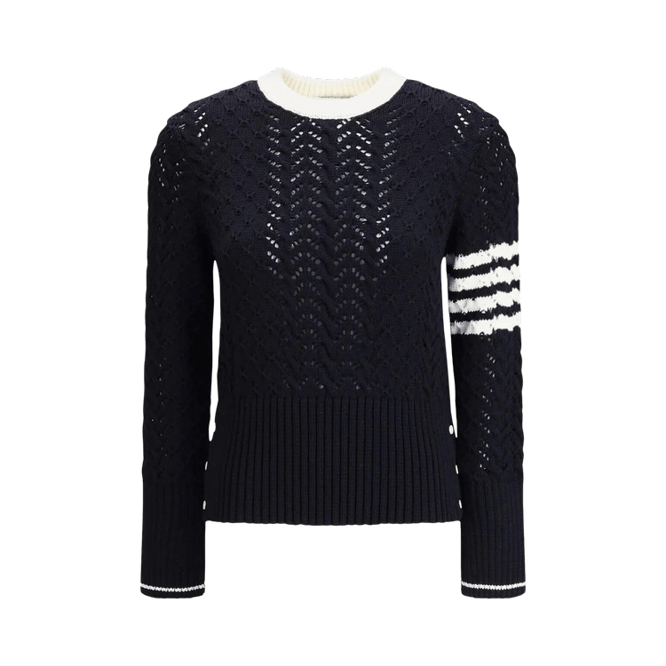 Thom Browne Cable Pointelle Stitch Classic Pullover "Navy"