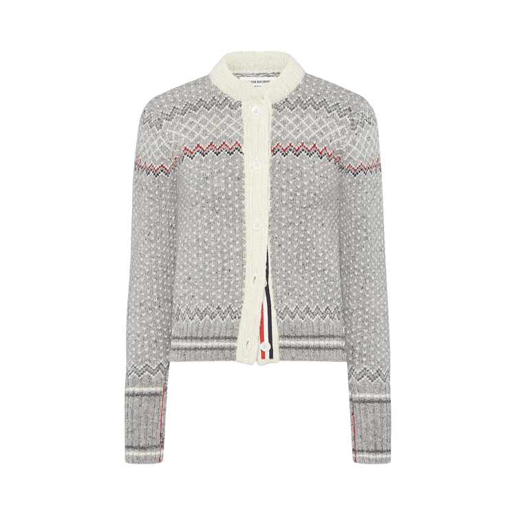 Thom Browne Fair Isle Jacquard Cropped Crew Neck Cardigan "Light Grey"