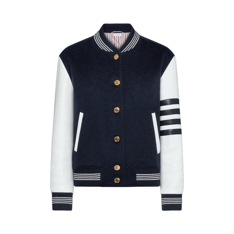 Thom Browne Relaxed Fit Varsity Jacket With Leather Sleeves "Navy"