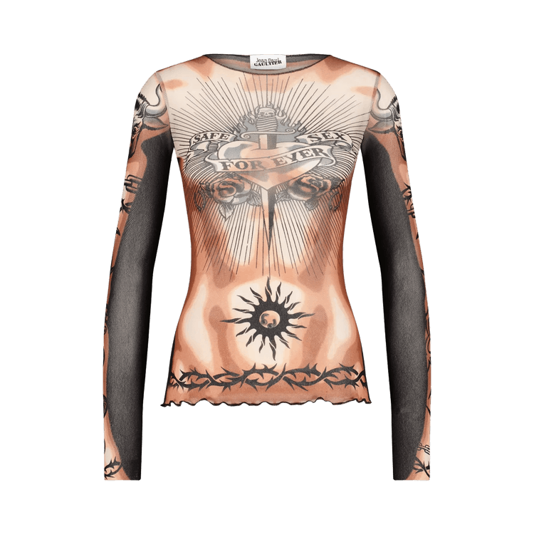 Jean Paul Gaultier Printed Safe Sex Tattoo Long-Sleeve Crew Neck Top "Nude/Brown/Black"