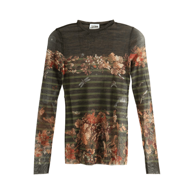 Jean Paul Gaultier Printed Marinière Grape Mesh Long-Sleeve Top "Khaki/Multicolor"