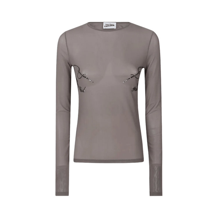 Jean Paul Gaultier Mesh Crewneck Embroidered Long-Sleeve Top "Dark Grey"