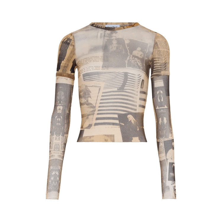 Jean Paul Gaultier Printed Journal Mesh Double Sleeve Tee "Ecru/Light Grey/Red"