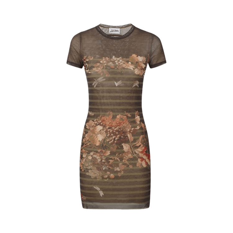 Jean Paul Gaultier Printed Marinière Grape Mesh Short Dress "Khaki/Multicolor"