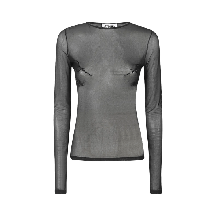 Jean Paul Gaultier Embroidered Mesh Crewneck Long-Sleeve Top "Black"