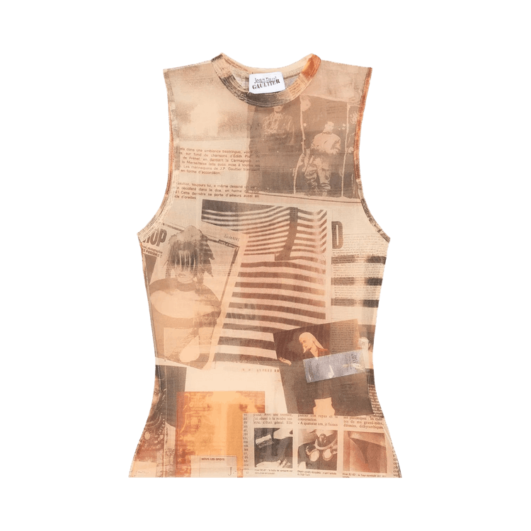 Jean Paul Gaultier Printed Journal Mesh Tank Top "Ecru/Light Grey/Red"