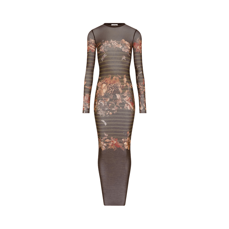 Jean Paul Gaultier Mesh Long Dress Printed "Marinière Grape" "Khaki/Multicolor"
