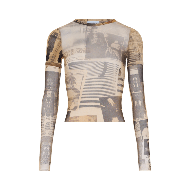 Jean Paul Gaultier Mesh Double Sleeves Tee Printed "Journal" "Ecru/Light Grey/Red"