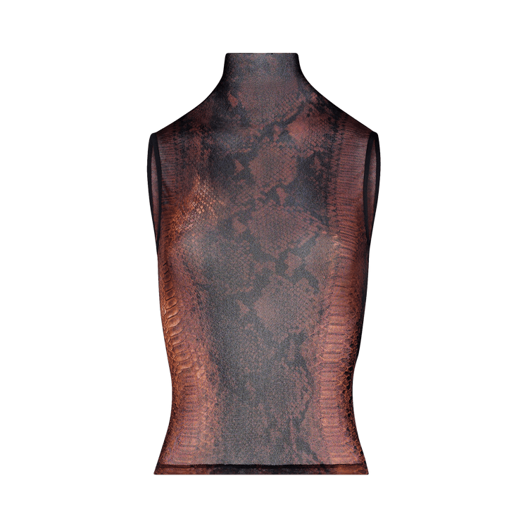Jean Paul Gaultier Mesh High Neck Tank Top Printed "Python" "Brown/Black"