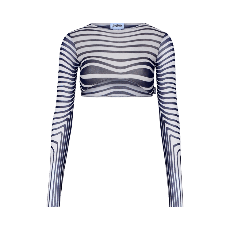 Jean Paul Gaultier Re-Edition Long-Sleeve Crew Neck Cropped Top "Morphing Stripes" "Ecru/Navy"