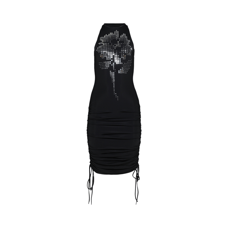 David Koma Mirrored Flower Hotfix Ruched Mini Dress "Black/Silver"