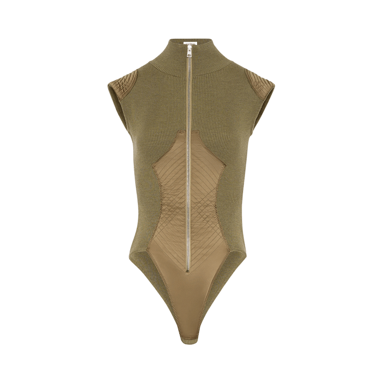 Jean Paul Gaultier Merino Wool Rib/Satin Cut Out Zipped Bodysuit "Khaki"
