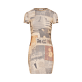 Jean Paul Gaultier Mesh Short Dress Printed "Journal" "Ecru/Light Grey/Red"