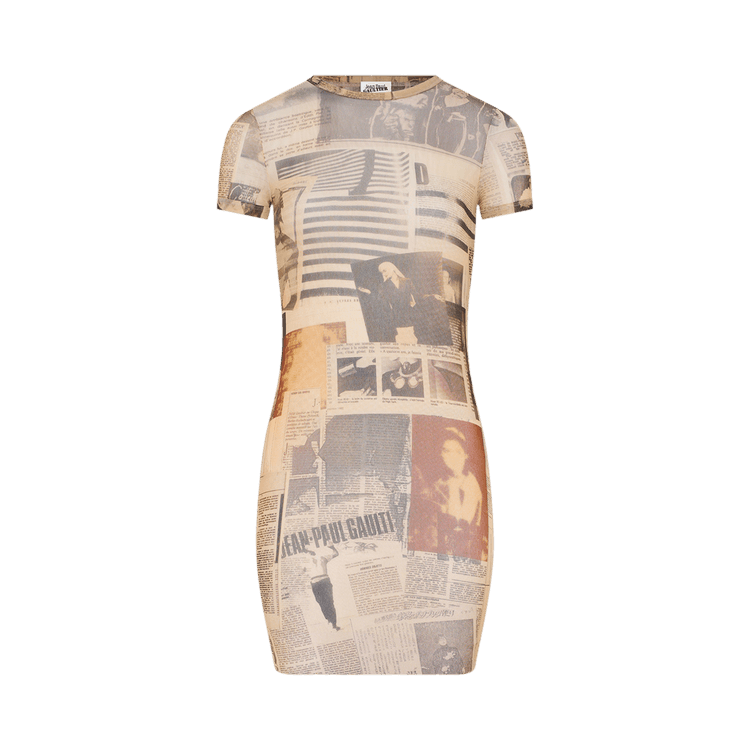 Jean Paul Gaultier Mesh Short Dress Printed "Journal" "Ecru/Light Grey/Red"