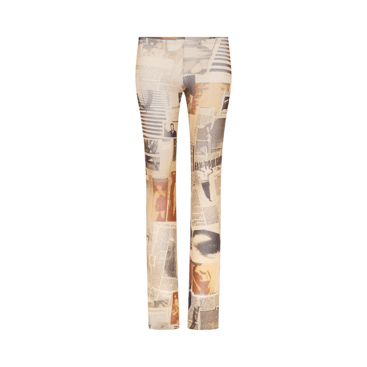 Jean Paul Gaultier Mesh Trouser Printed "Journal" "Ecru/Light Grey/Red"