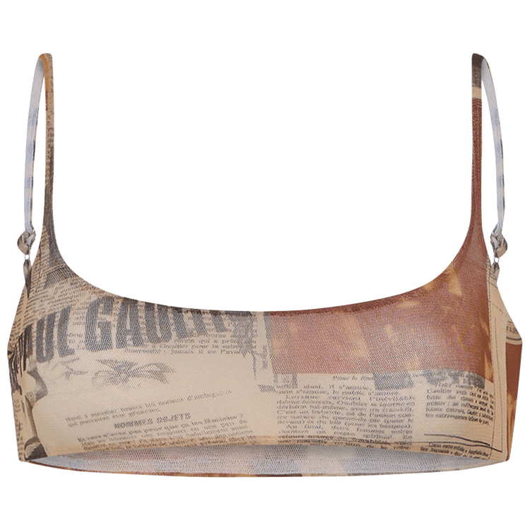 Jean Paul Gaultier Mesh Bra Printed "Journal" "Ecru/Light Grey/Red"