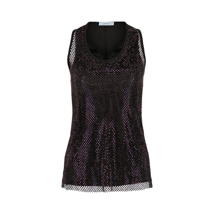 Ferragamo Crystal Embellished Mesh Tank Top "Dark Brown"
