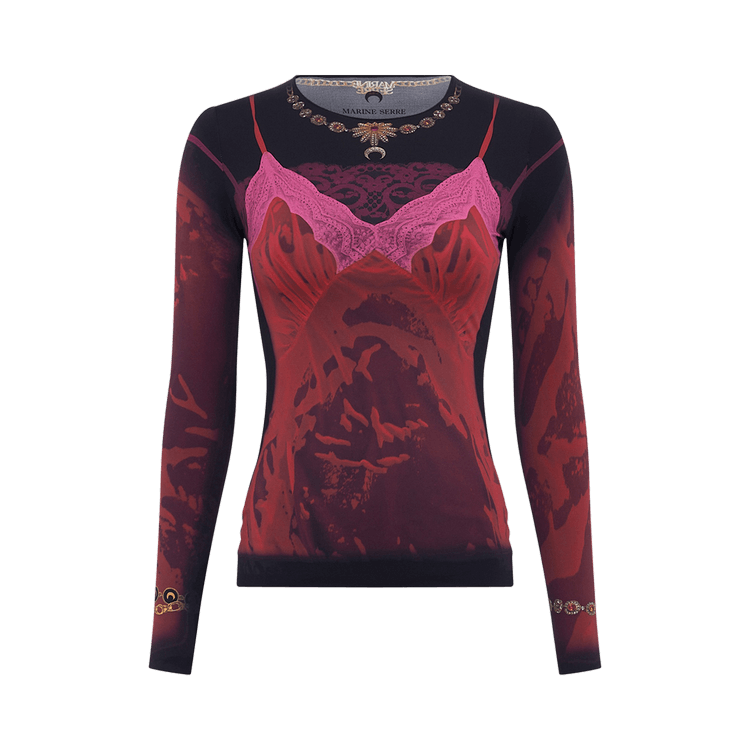 Marine Serre Wet Nuisette Printed Long-Sleeve Crewneck Top "Ribbon Red"