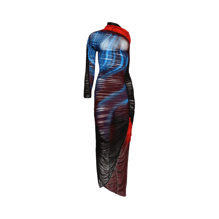 Mugler Asymmetric Sheer Dress "Blue/Red Flowers"