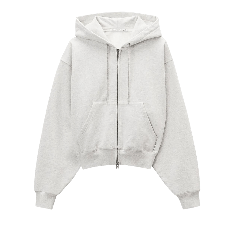 Alexander Wang Zip-Up Hoodie W/ Rhinestone Drawcord "Light Heather Grey"