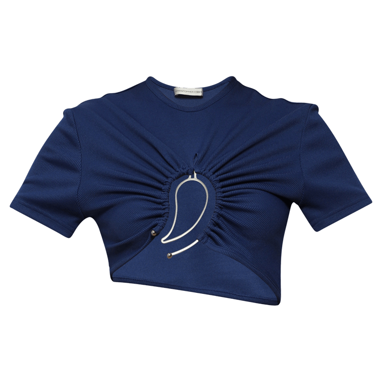 Christopher Esber Paisley Ruched Crop Tee "Yves Blue"