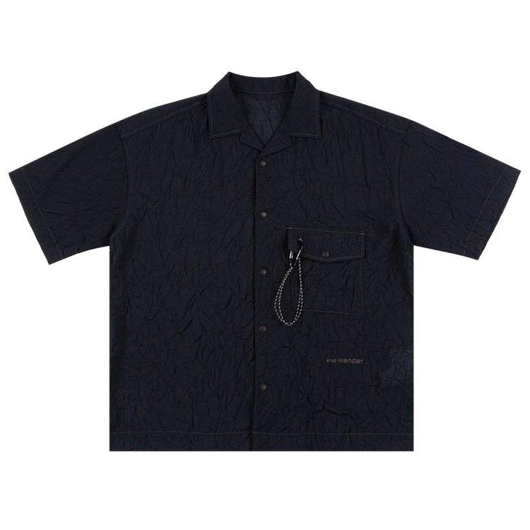 And Wander Washer Pleated Open Short-Sleeve Shirt "Navy"