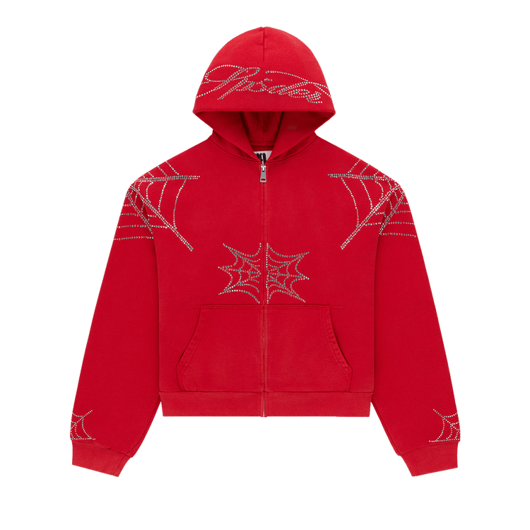 Sp5der Rhinestone Web Zip Hoodie "Red"