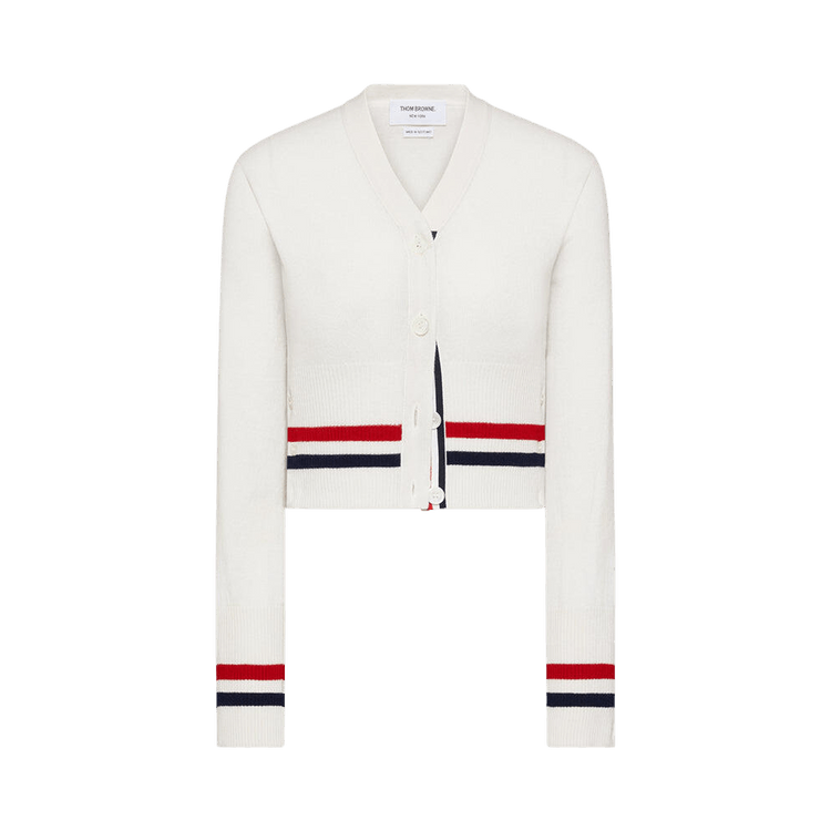 Thom Browne RWB Stripe Cashmere Shrunken V Neck Cardigan "White"