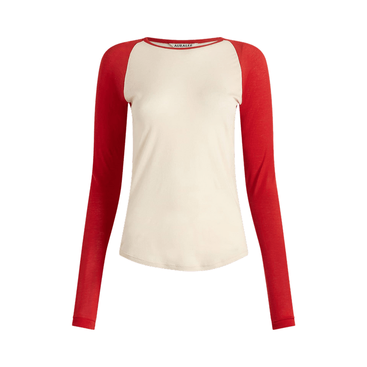 Auralee Super High Gauge Sheer Rib Raglan Pullover "Ivory/Red"