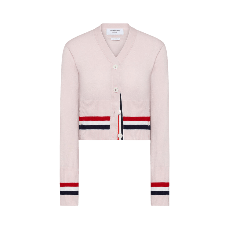 Thom Browne RWB Stripe Cashmere Shrunken V Neck Cardigan "Light Pink"