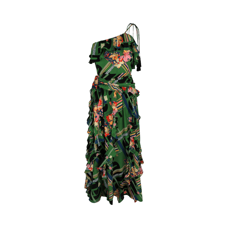 Gucci Floral Check-Print Ruffled Silk-Crepe Dress "Green/Black"