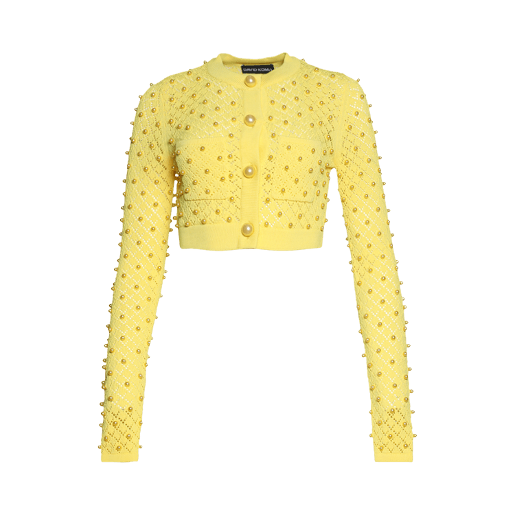 David Koma Allover Pearl Detail Long-Sleeve Cardigan "Yellow"
