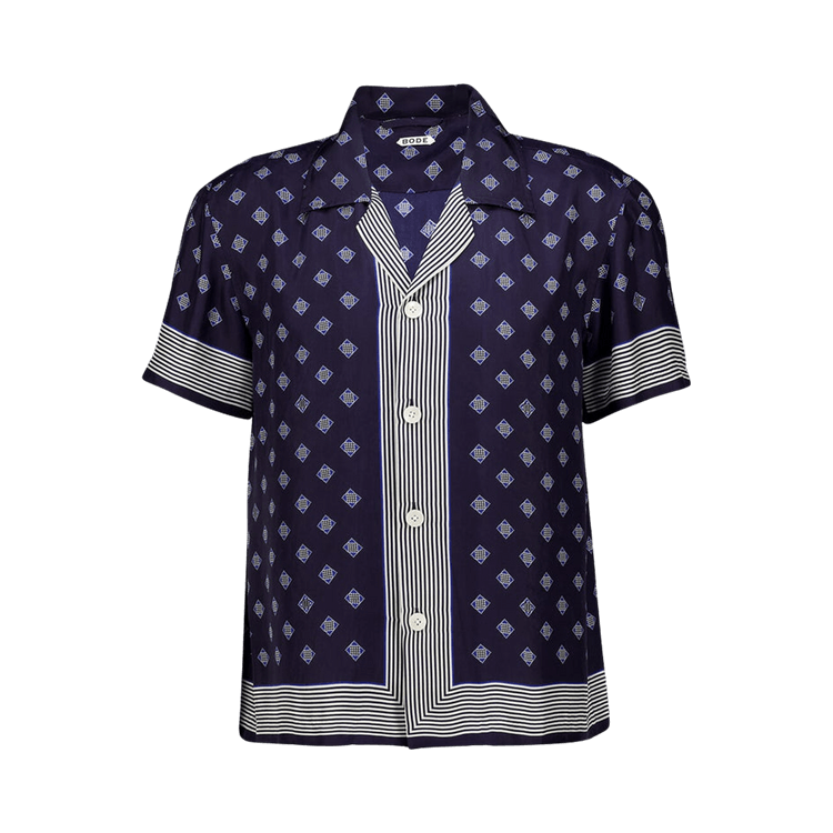 Bode Foyer Diamond Short-Sleeve Shirt "Navy Blue"