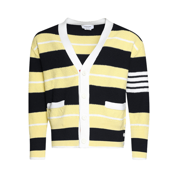 Thom Browne Classic Stripe Seed Stitch V Neck Cardigan "Pale Yellow"