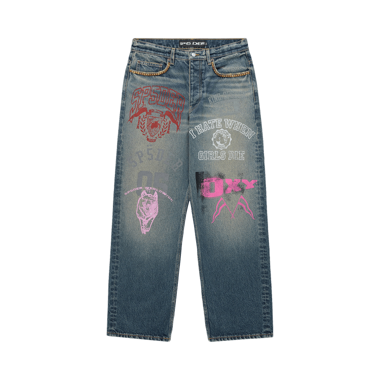 Sp5der Multi Print Studded Denim "Indigo"