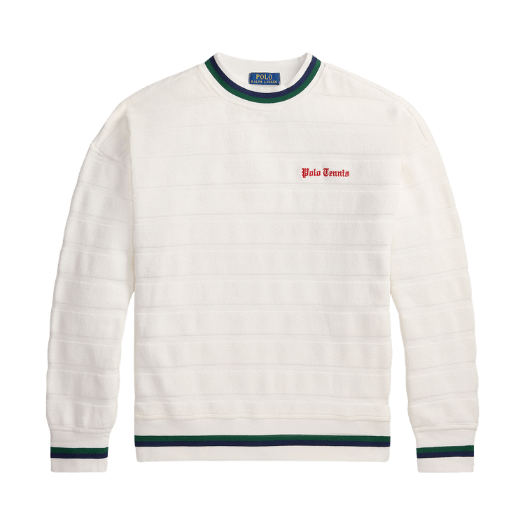 Polo Ralph Lauren Long-Sleeve Yarn-Dyed Textured Bar Stripe Polo Tennis Pullover "White"
