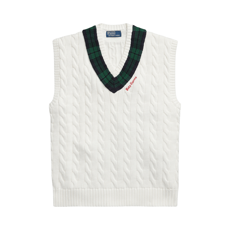 Polo Ralph Lauren Sleeveless Cotton Cable Stitch V-Neck Cricket Sweater Vest "Cream Combo"