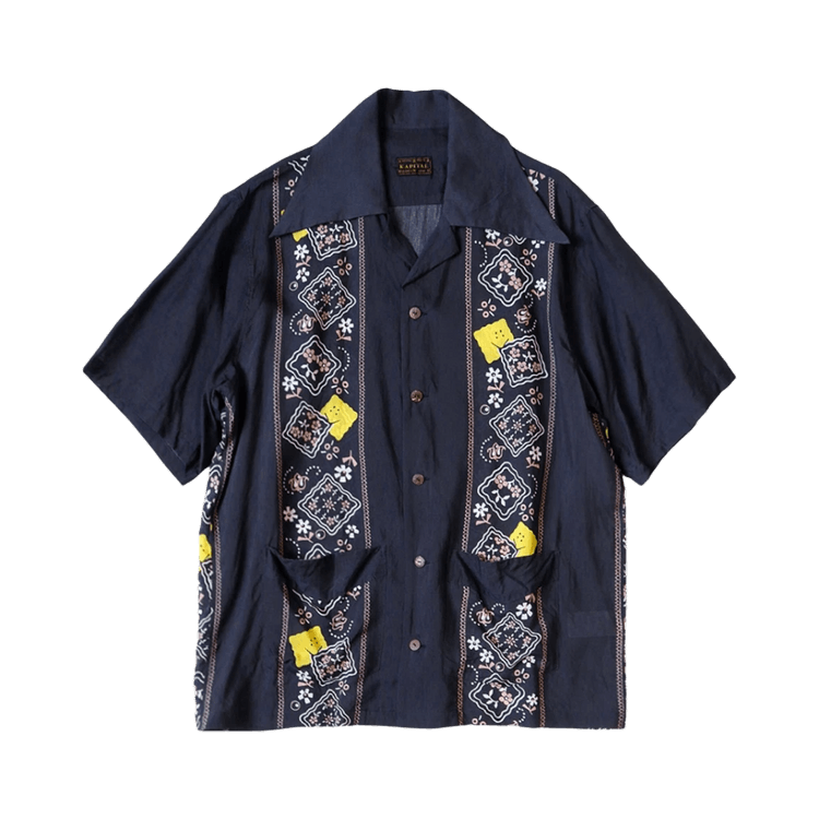 Kapital Silk Rayon Peckish Rainbowy Wrangle Collar Cuba Shirt "Navy"
