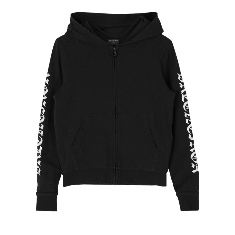 Balenciaga Fitted Distressed Logo Zip Up Hoodie "Faded Black/White"
