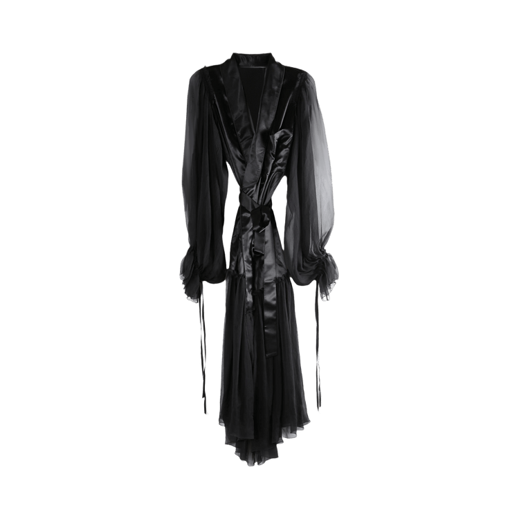 Ann Demeulemeester Silk Voile Creponne Ruffle Contrast Iria Fluid Robe Dress "Black"