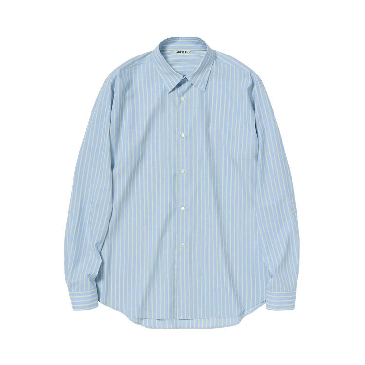 Auralee Super Fine Wool Stripe Shirt "Sax Blue Lime Stripe"